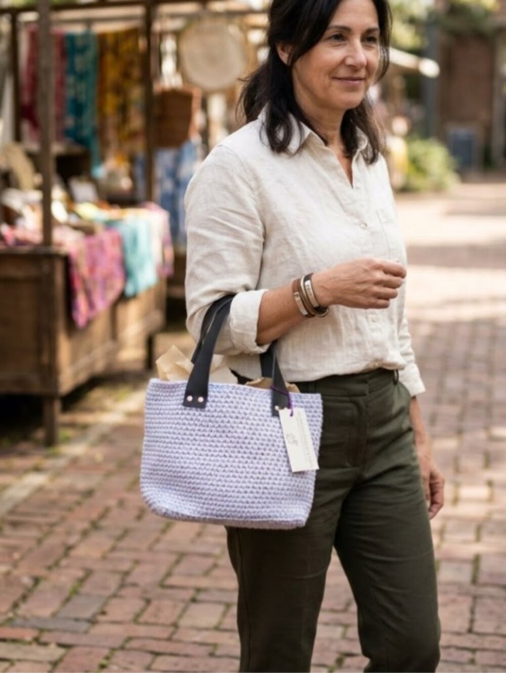 Handmade Crochet Mini Bucket Bag Genuine Leather Handles Pastel Blue Gray